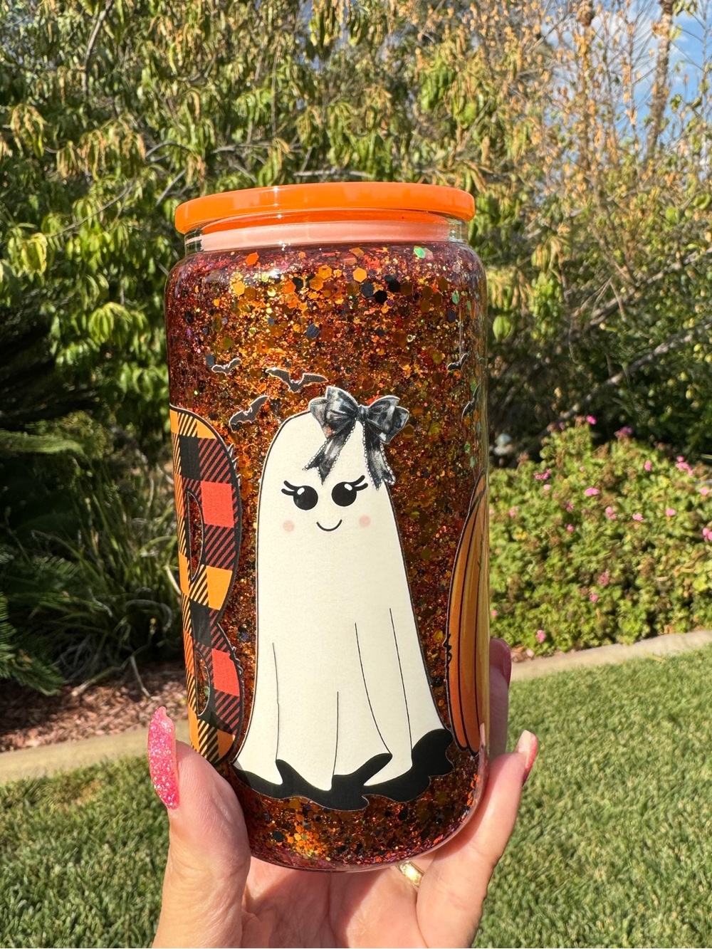 Cute ghost  with Bows Fall Halloween snow globe glass Tumble 16oz